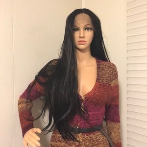 NWT 30-32” lace black brown #1B human hair blended extra long straight wig